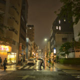 Wet street on rainy night
